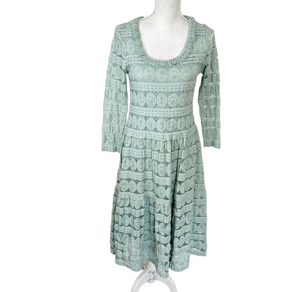 Sundance Willow Sheer Lace Overlay Dress Women Petite M Blue-Green Midi Stretch